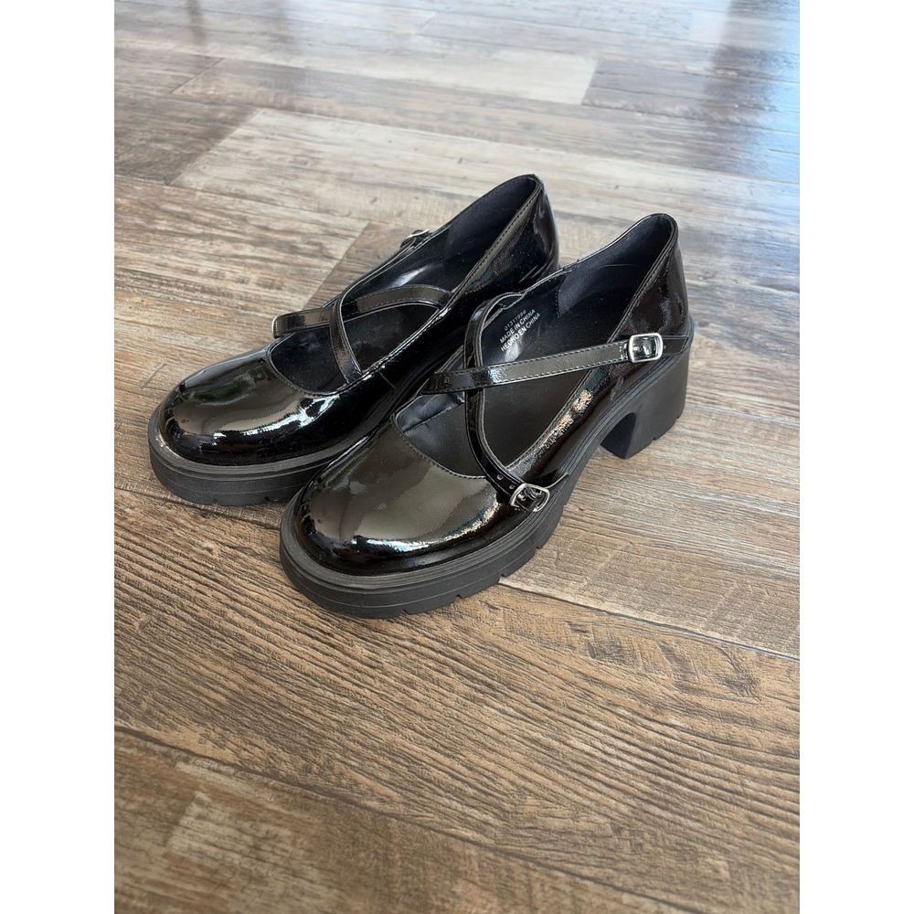 Forever 21 Womens Black Patent Chunky Platform Mary Jane Criss Cross Strap Shoes